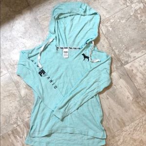 PINK Teal V-Neck Thin Hooded Long Sleeve Size XS
